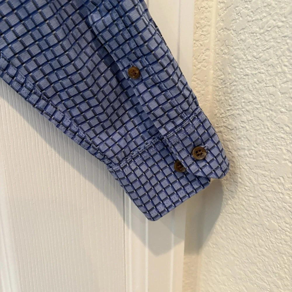 Tasso Elba‎ Shirt Mens Medium Long Sleeve Blue Plaid Button Up Dress Cotton EUC